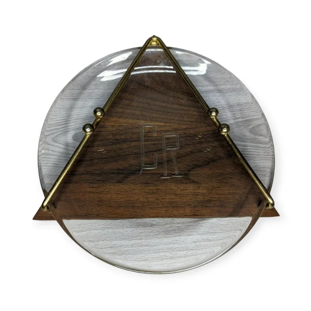 Vintage MCM Glass, Wood & Metal Ash Tray